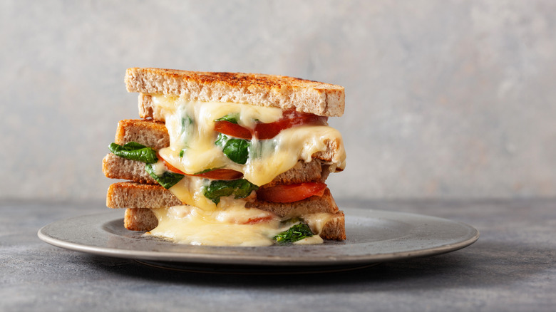 A grilled cheese sandwich with tomato and basil