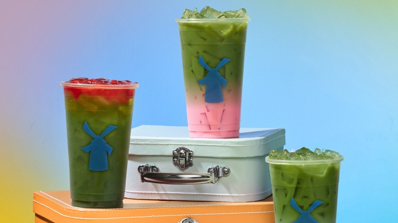 Three of Dutch Bros matcha lattes